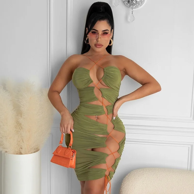 

H6572 - new arrival women sexy bodycon sleeveless halter strap solid midi dress