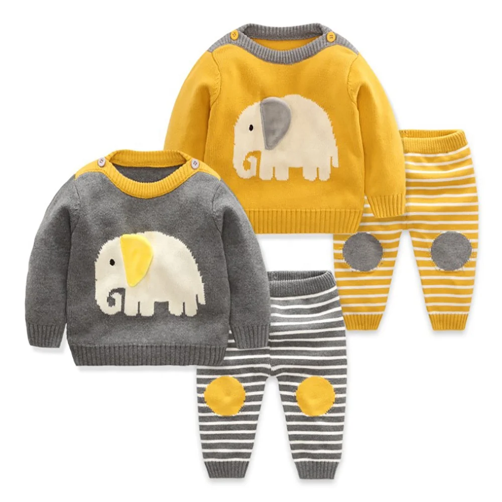 

New design wholesale elephant embroidered infant baby boys and girls pajama clothing set