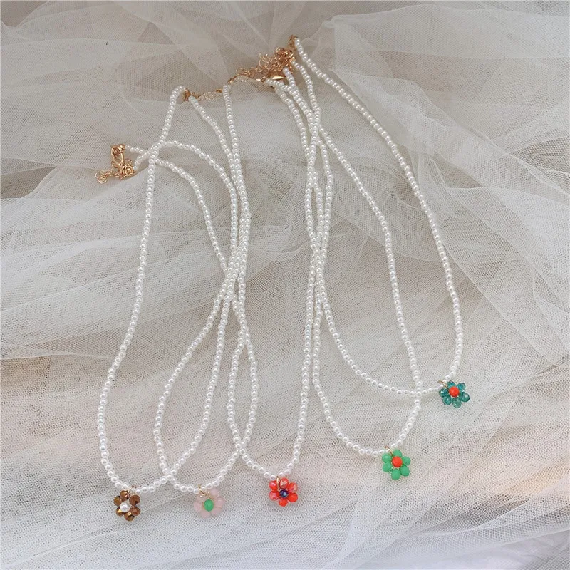 

MuXi Korea new Vintage Color Beaded Flower Necklace manual Pearl Beaded Necklace, Five color