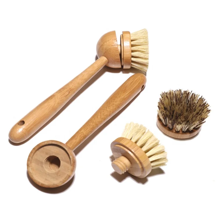 

New Design Best Price Long Handle Palm Removable Replacement Head Pot Brush Bamboo And Sisal Dish Brush, Natural color