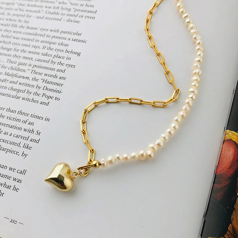 

Vintage Real Gold Plated Sterling Silver Link Chain Freshwater Pearl Necklace 925 Silver Heart Pendant Necklace For Women