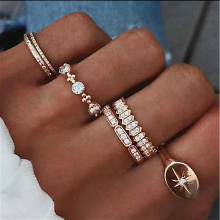 

6pcs Bohemian Vintage Women Rings Set Water Drops Star Geometric Crystal Ring Jewelry, Picture