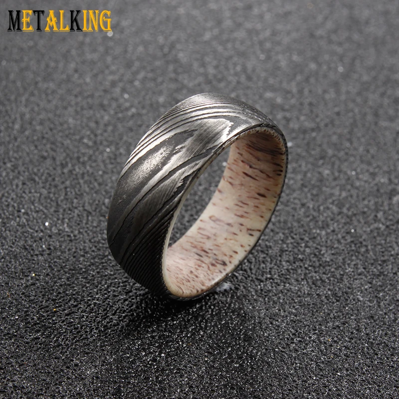 

Damascus Steel Ring for Men 8mm Inlaid with Deer Antler Sleeve Black Streak Wedding Ring Comfort Fit