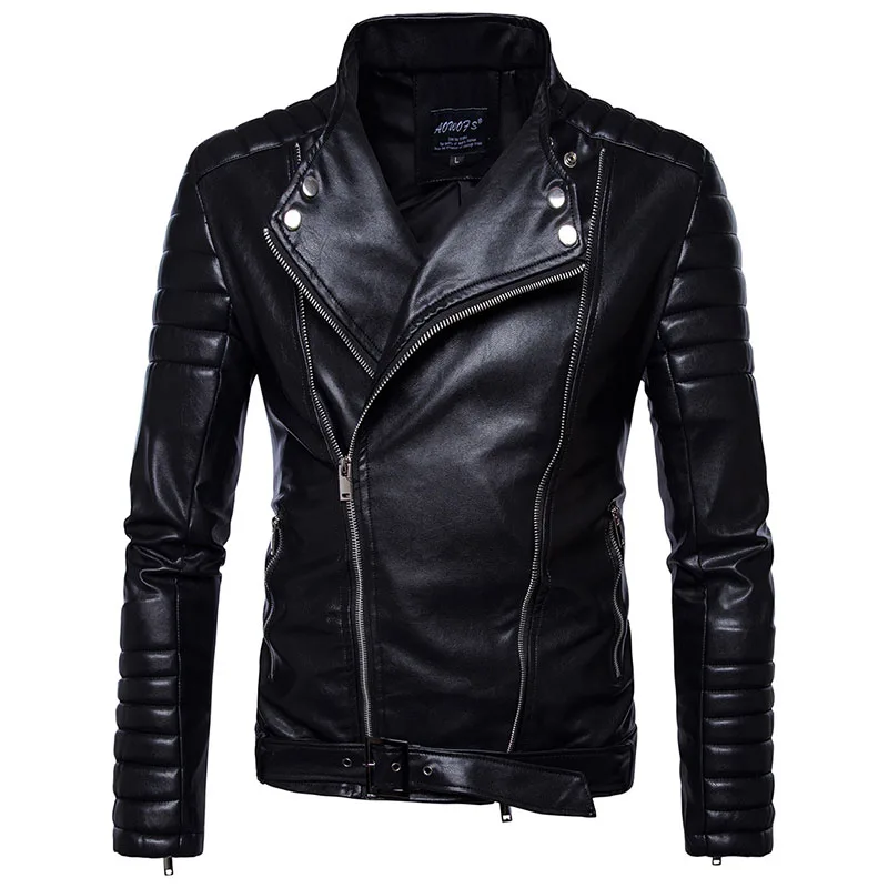 

Motorbike Leather Jacket Cool Man's Outwear Coat with Lapel Asymmetric Trendy Men Wearing Windproof PU Leather Jacket, Black