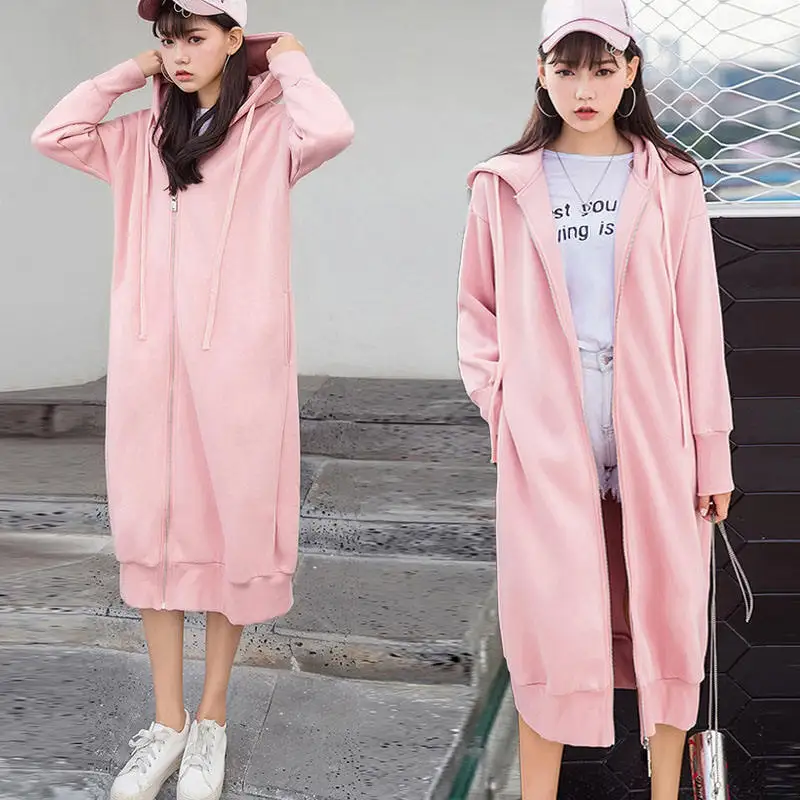 

Oversize long style women fleece streetwear with pockets plus size maxi hoodie casual zipper sweatshirt hooded hoodie dresses, Black,pink,gray