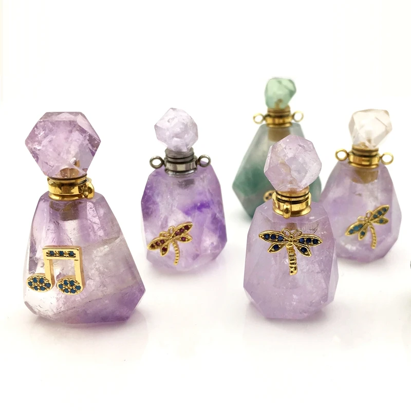 

Pave CZ fluorite Amazon Note Diffuser Rainbow natural parfum Gemstone Perfume Bottle gold plated charms Jewelry, Multi