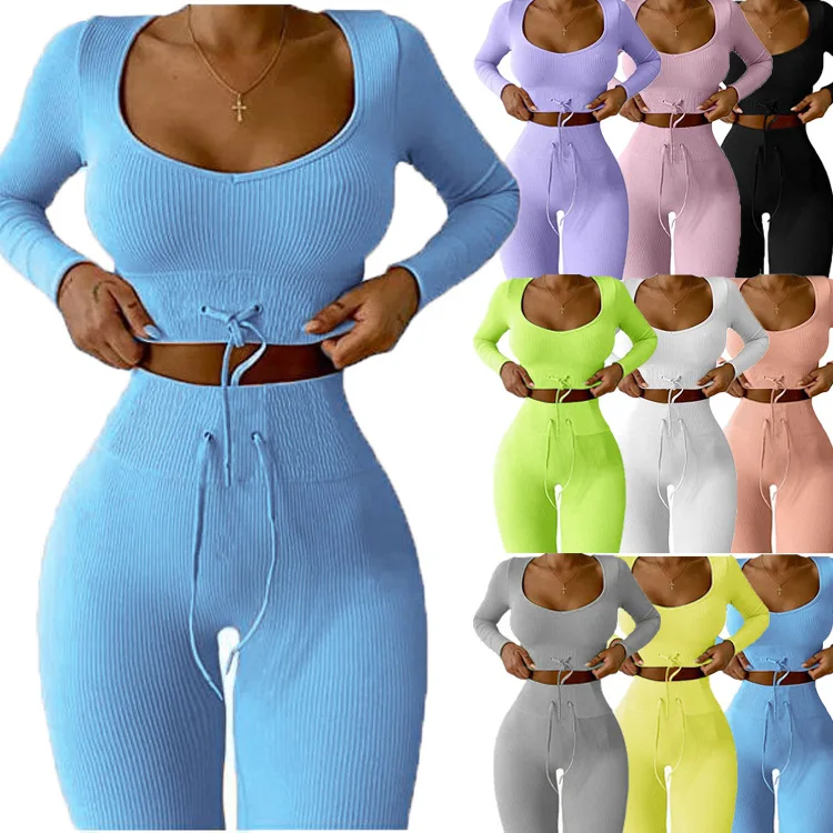 

2021 Yoga Wear Ribbed Crop Tank Top Pant Two-Piece Suit Yoga Bra Legging Set Solid Color Sports Knitted Ribbed Yoga Set