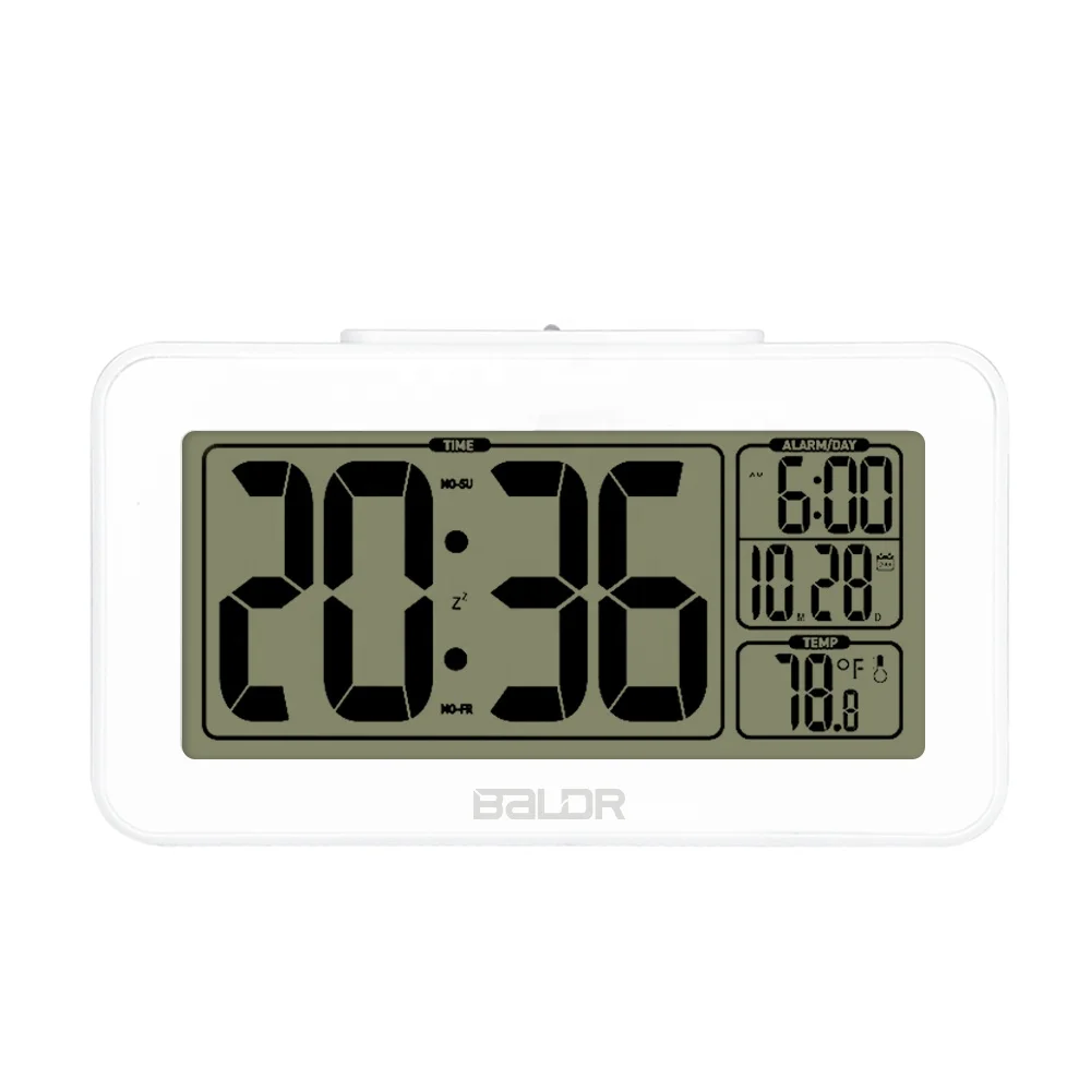 

BALDR B0326 Big Digital Display Alarm Clock Calendar function Thermometer Table Desk Clock With White Backlight For Bedroom, Black/white