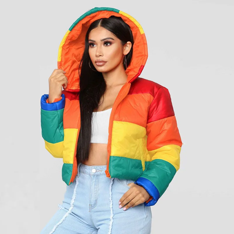 

Women's Fashion Explosive Short Hooded Warm Rainbow Coat, Photo color