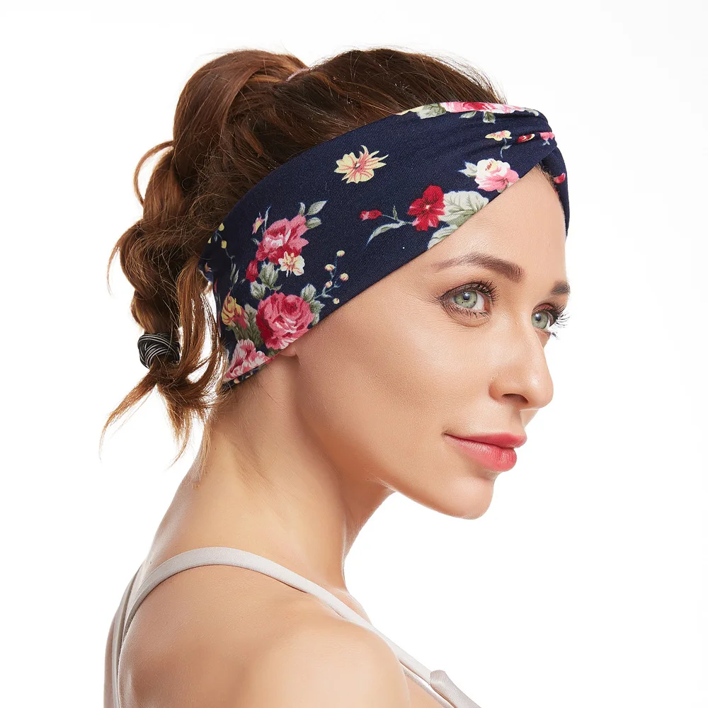 
Fashion girl hairband cross knot flower print elastic twist hairband 
