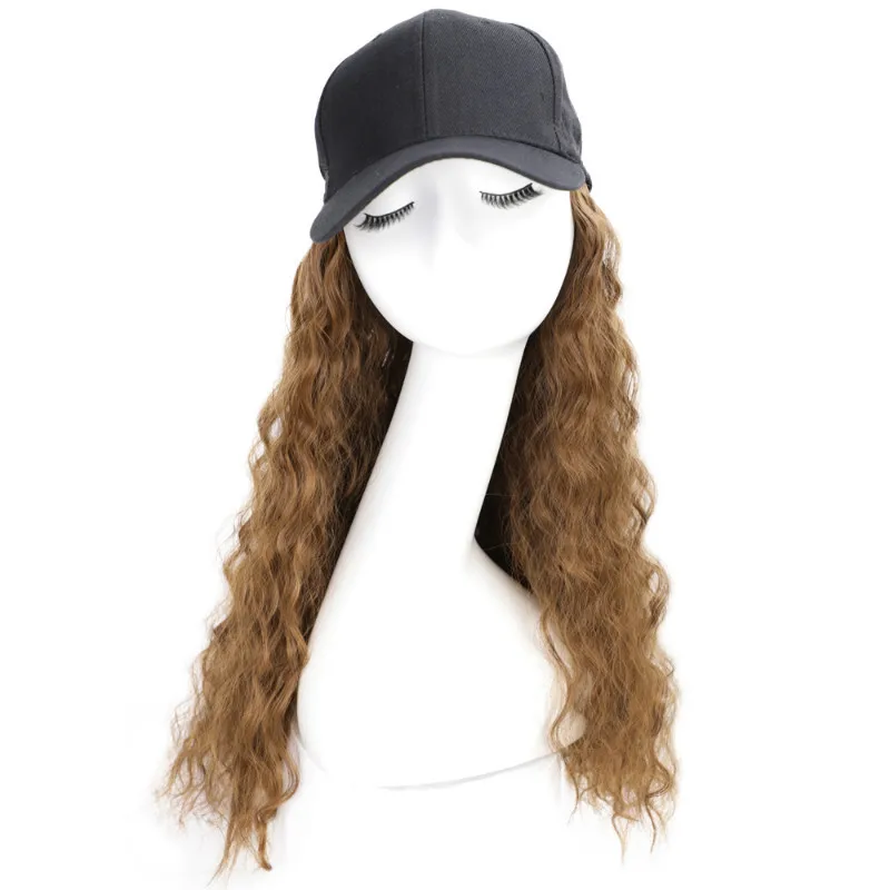 

wholesale cheap human hair wigs Hat wig long curly hair do not disassemble chemical fiber long hair full head set, As picture