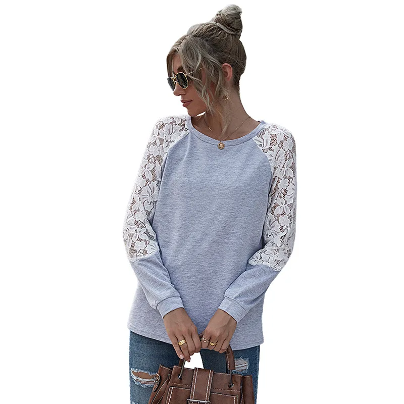 

2020 New arrivals Autumn winter Women Hollow out contrast Lace long sleeve o-neck blouse for women Tops stitch tops
