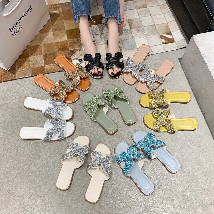 

Summer new fashion rhinestone H-shaped color sequined flat sandals and slippers