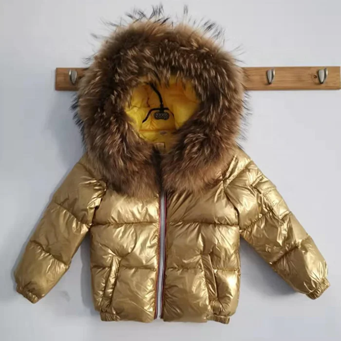 Winter duck feather leather coat raccoon fur quilted packable puffer kids down jacket