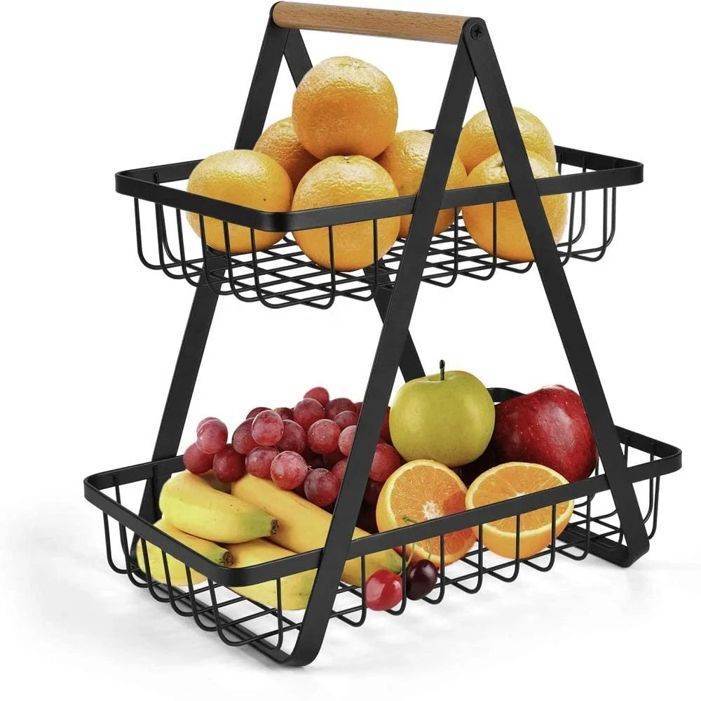 

2-Tier Countertop Fruit Basket Fruit Bowl Bread Basket Vegetable Holder for Kitchen Storage, Black, Black, white