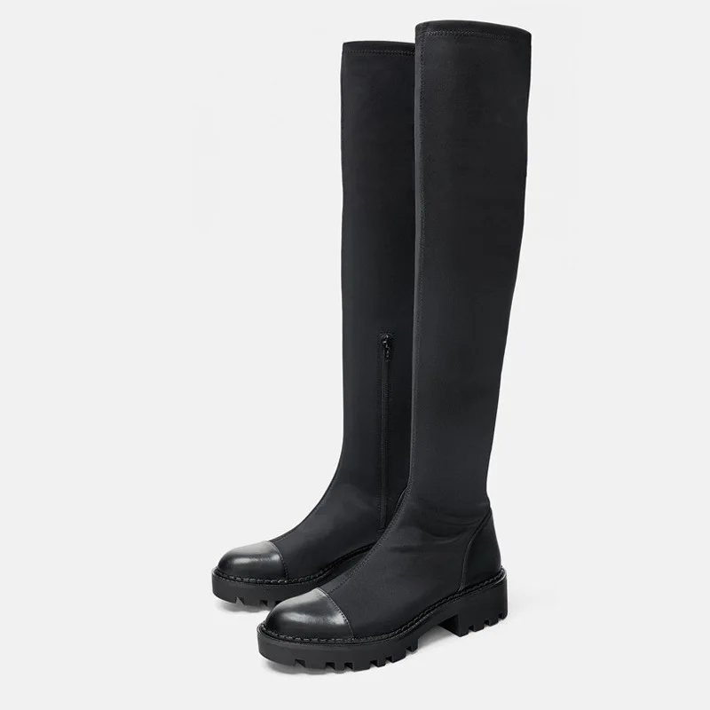 

new arrivals hot sales women's over-the-knee boots round toe flat stitching zipper women's elastic breathable boots