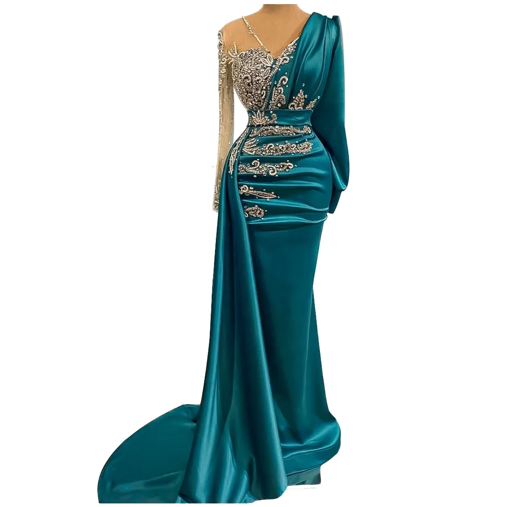 

Modest Long Sleeve Satin Evening Dresses Women Handmade Beading Evening Gowns