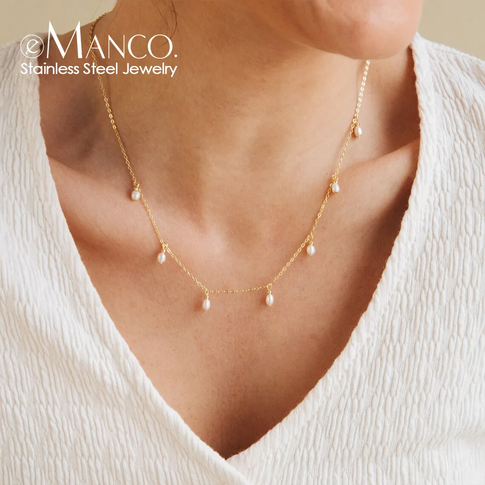 EManco Women's Stainless Steel 14K Gold Plated Imitation White Pearl Tassel Necklace PVD Imitation Pearl Chain Religious Gift