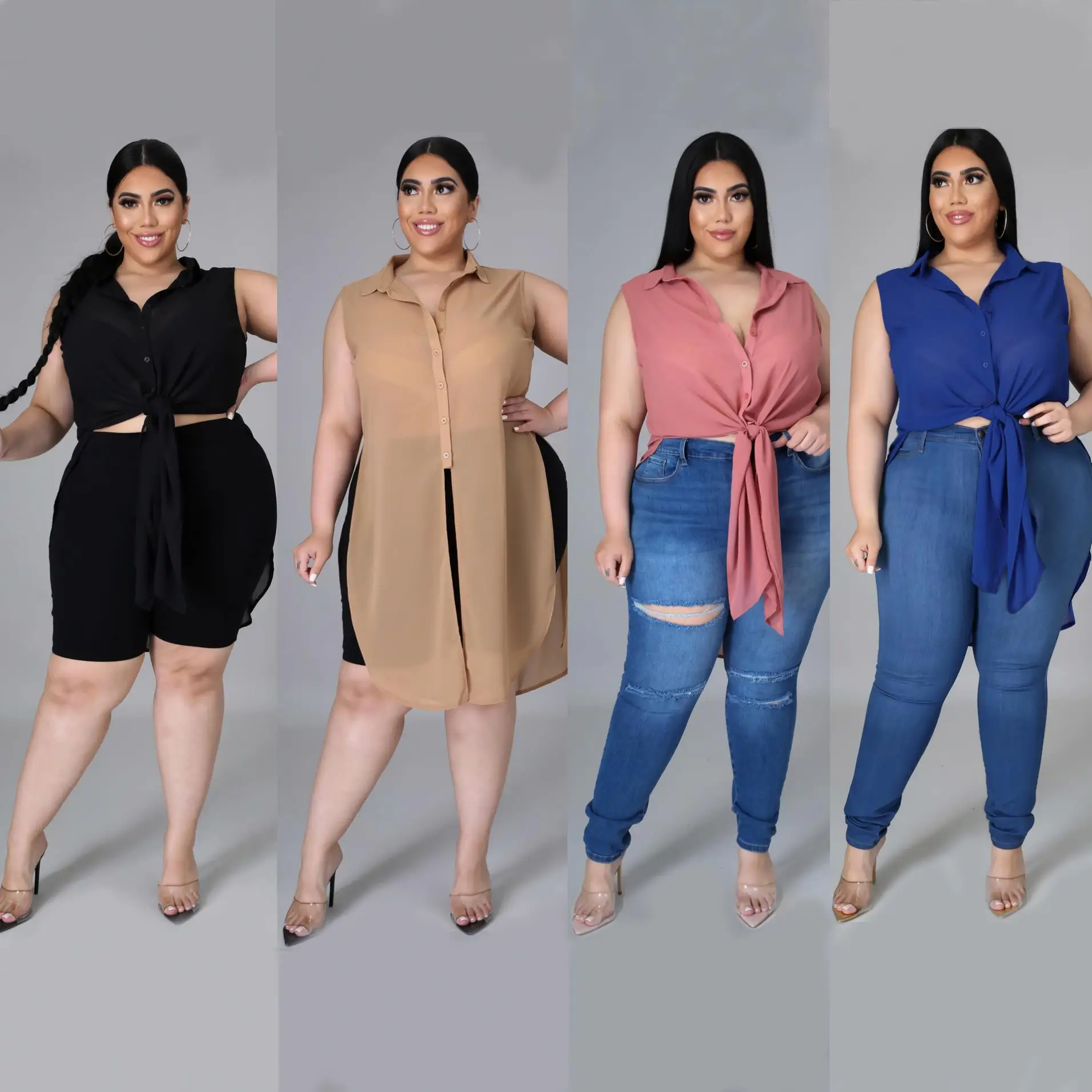 

AF0035 Fashion Summer Plus Size Long Solid Color Chiffon Shirt Ladies' Blouses Women 2021