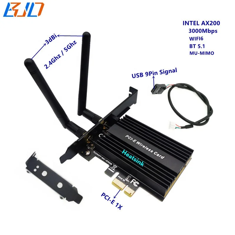 

3000Mbps Wifi Adapter BT 5.1 WIFI6 MU-MIMO PCI-E PCIe Wireless Network Card with Heatsink AX200