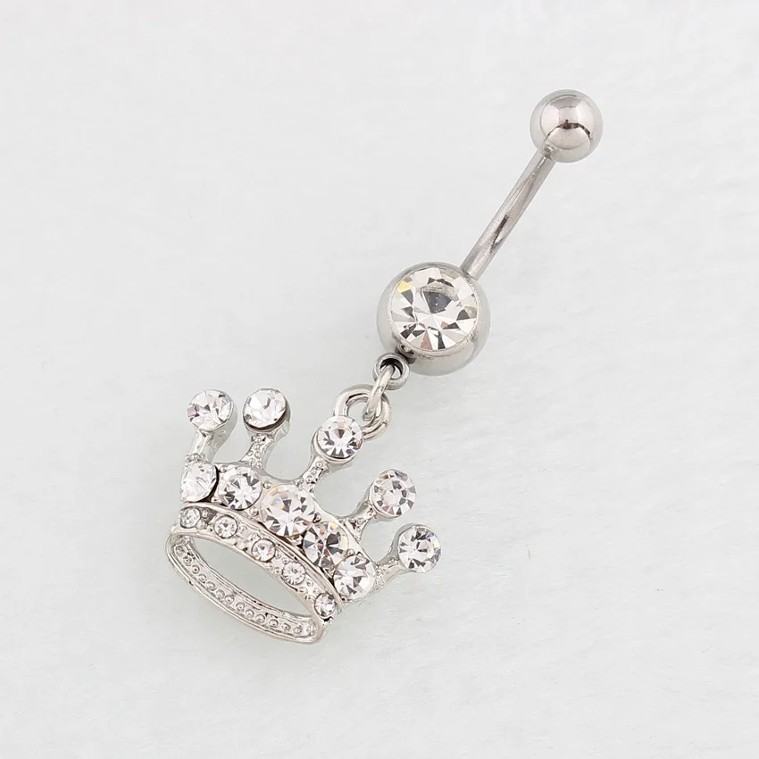 

14G surgical steel belly button piercing with rhinestone crown navel ring, Silver