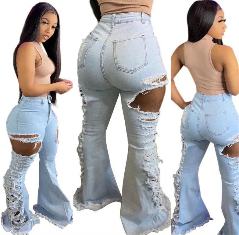 

stretch bell bottom distressed denim ripped hole jeans for women, Light blue,