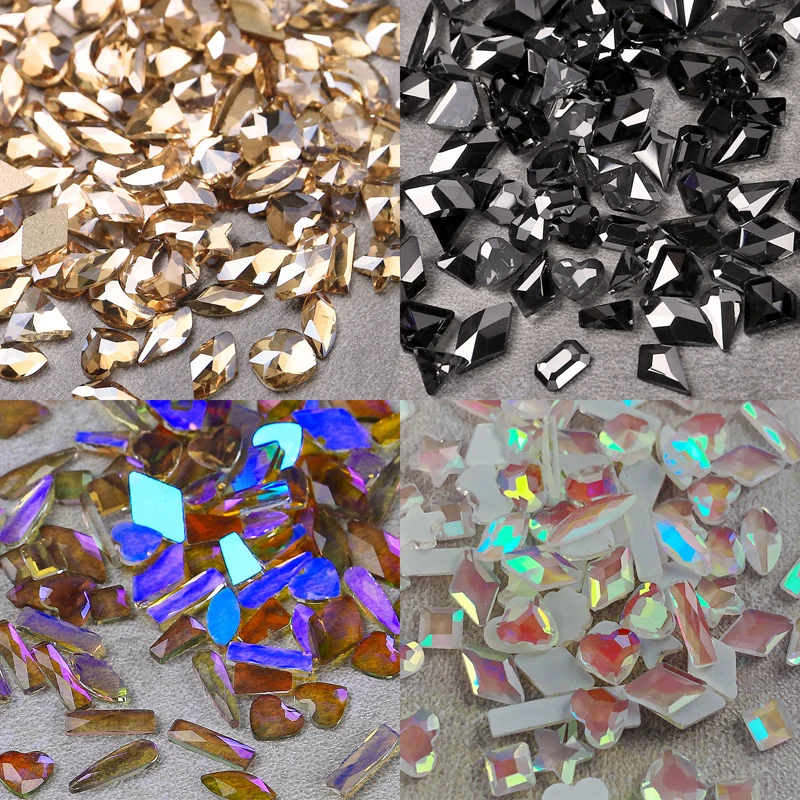 

Shiny Mix Shapes Crystal Nail Rhinestones AB Colorful 3D Flatback Fancy Nail Diamonds Jewelry Glass Nail Art Decorations, Champagne, black, aurora, semi-transparent