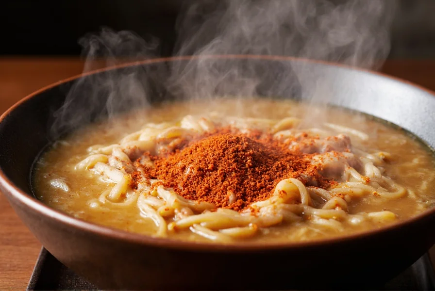 Close-up of red pepper flakes sprinkled over steaming beef ramen in a bowl