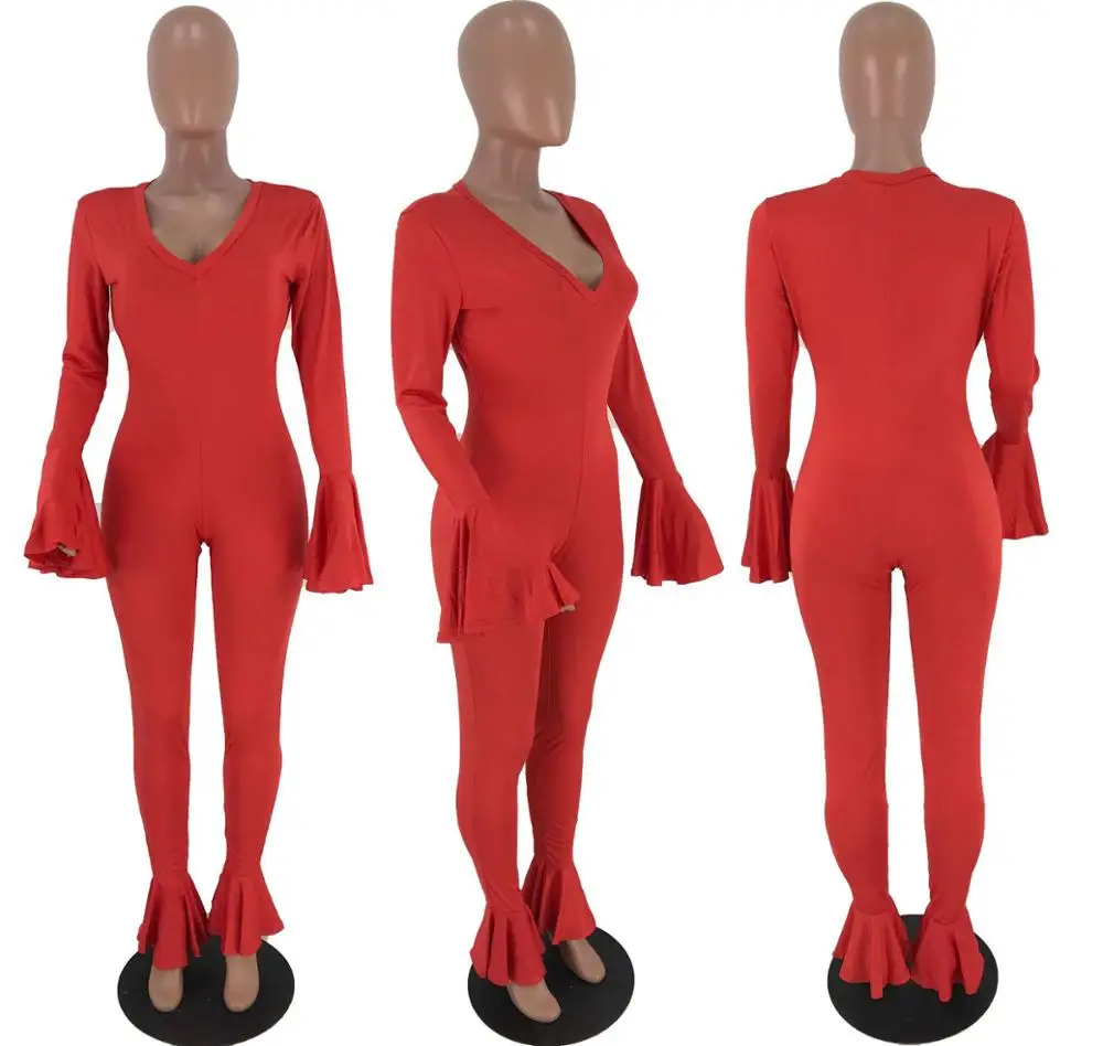 

2020 Wholesale woman ruffle sleeve sexy soild color one piece bodycon jumpsuit outfit with long pant, Red,orange,fluorescent green