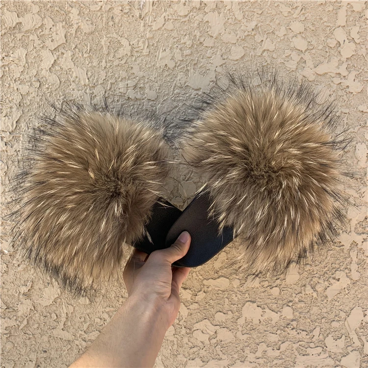 

Wholesale customized logo real fox leather slippers women's big raccoon leather slippers natural raccoon slide