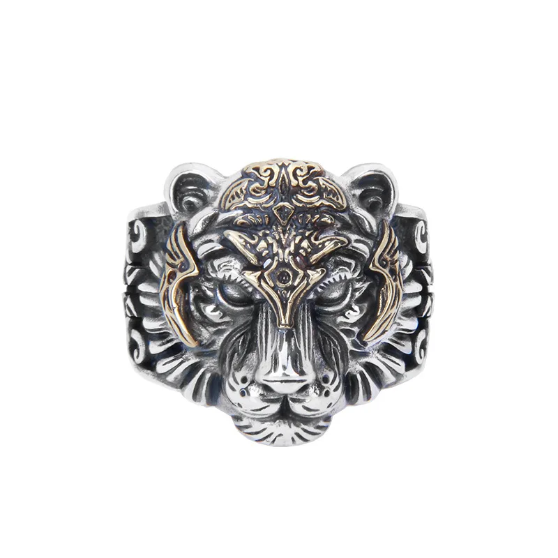

Genuine 925 Sterling Silver Tiger Head Ring For Men With Red Eyes Inlaid Animal Male Ring Fine Jewelry