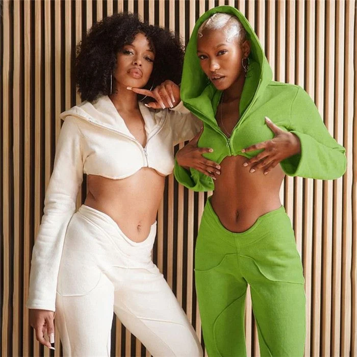 

A1269-solid color hooded zipper crop top with sport pants new arrival womens fall 2 piece set