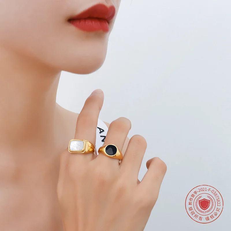 

French ins style retro inlaid white shells ring women's jewelry titanium steel plated 18k real gold jewelry rings