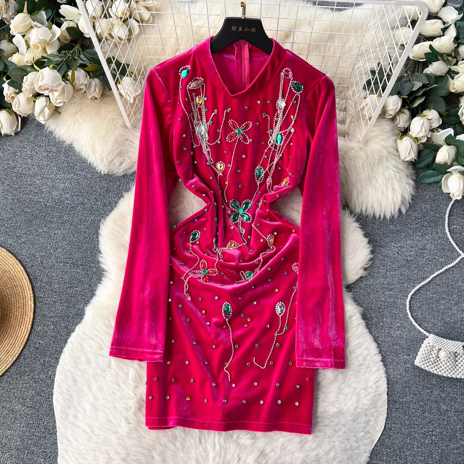 

2023 Crystals Stones Velvet Sexy Dress Evening Red Gowns For Women Dress Long Vestidos