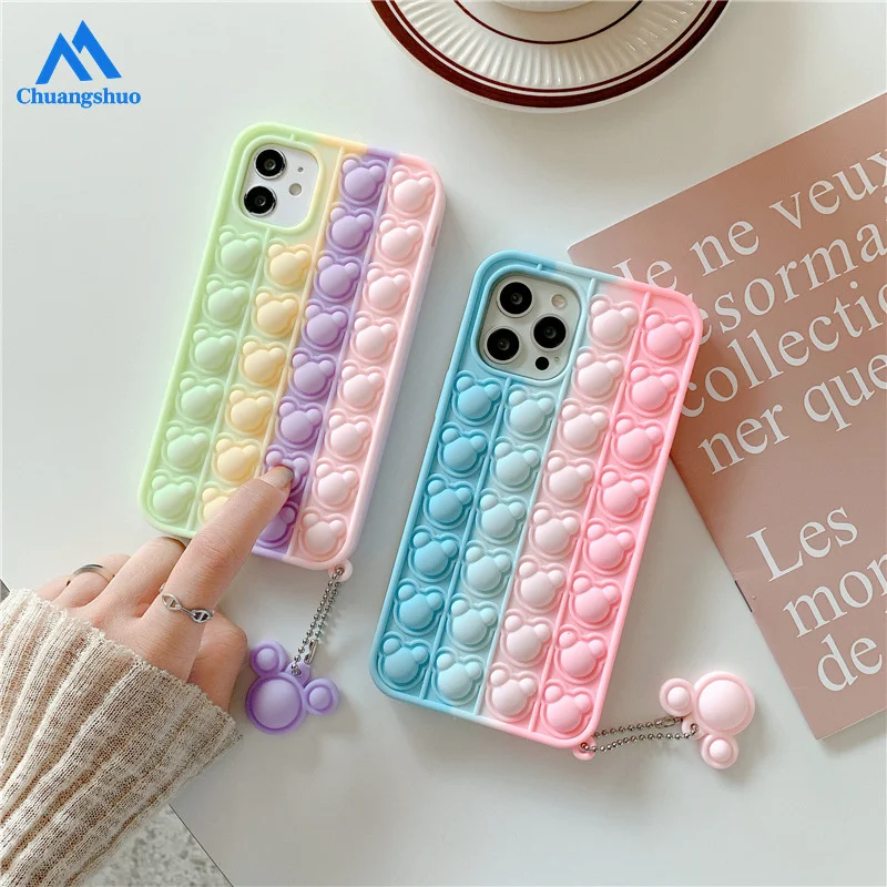 

Rainbow Push Bubble Fidget Toys Sensory 3D Bear Silicone Soft Cover phone hang rope Phone Case for iphone 12 13 phone case