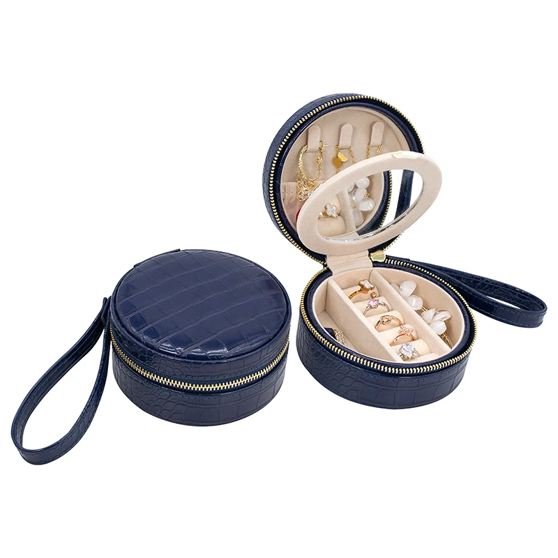 

Drop Shipping Earring Ring Necklace Bangle Organizer Case Mirror Round PU Leather Jewelry Boxes, Purple/blue/green/beige/dirty pink/light green/white/dark blue/black