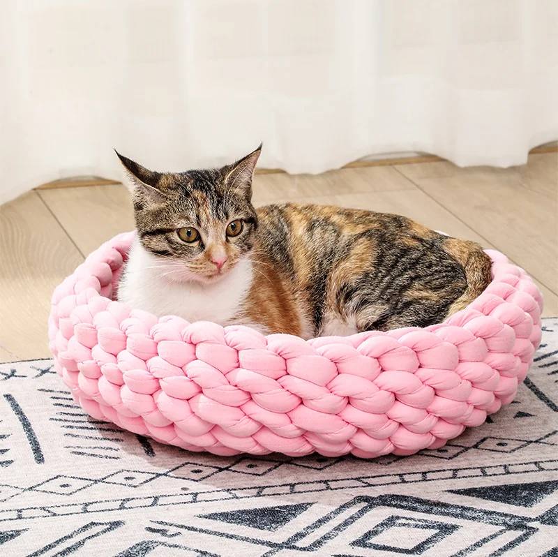 

Cotton Knitted Pet Bed Basket Warm Soft Woven Cat Nest Cozy Cuddler for Dogs & Cats