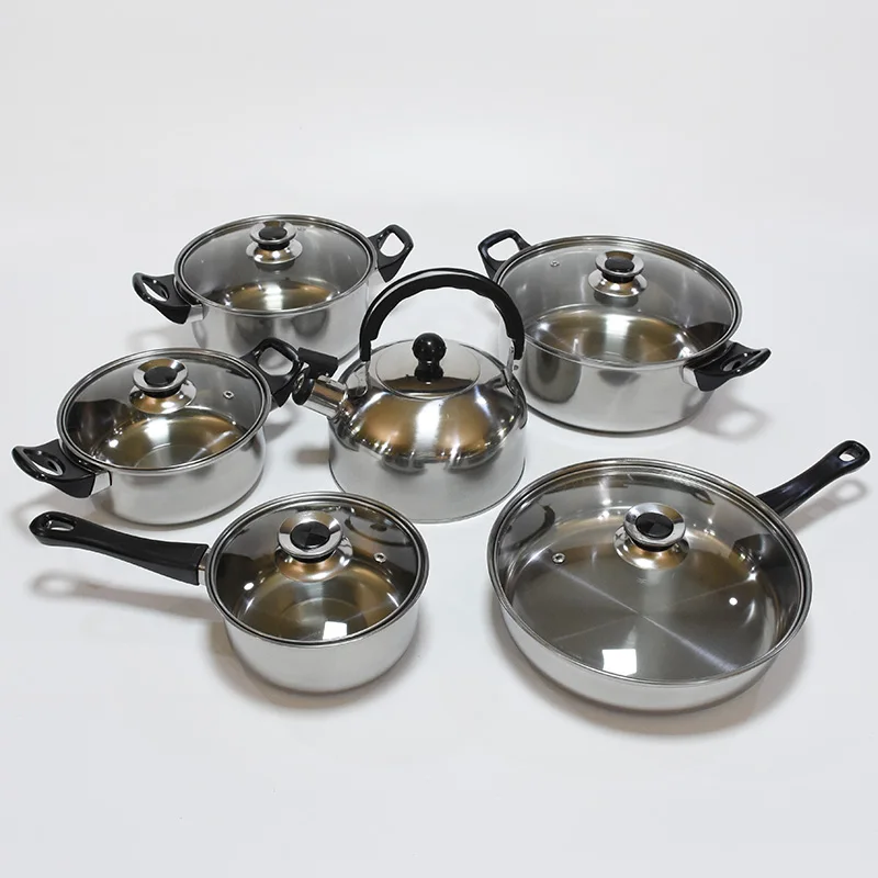 

Factory outlet low price stainless steel 12pcs cookware set with kettle fry pan, Stainless steel color