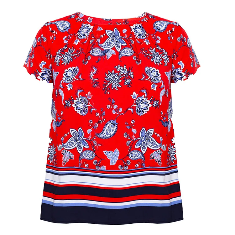 

New Fashion Bordered Flower Stripes Print Pleated Round Neck Polyester Slit Back Short Red T Shirt Sleeve Top Blouse For Women