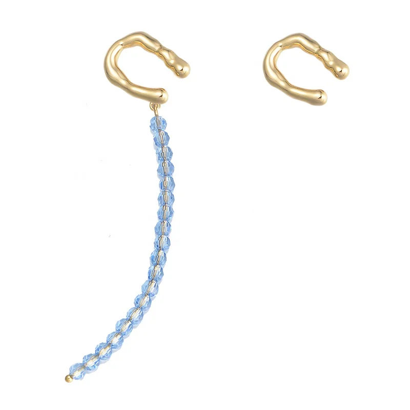 

minimalist irregular Rhinestones beaded long tassel psj brass 18k gold plated Clip on Cuff Earrings for women girls