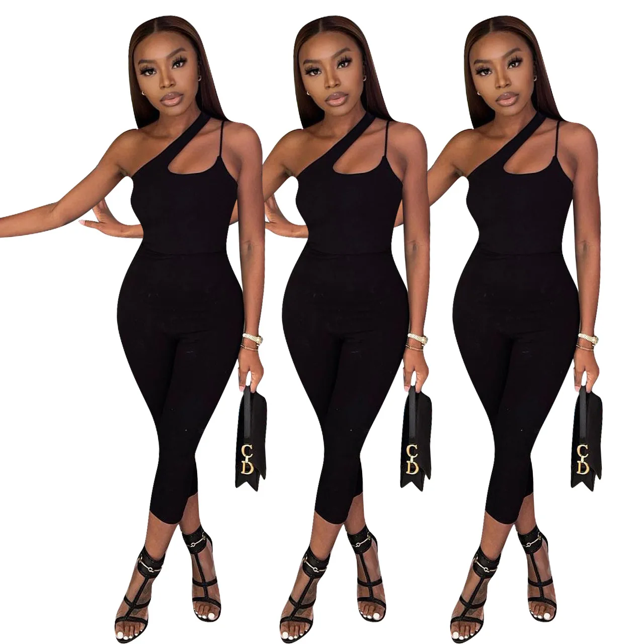 

New arrival Lowest Price One Shoulder Hollow Out Casual Midi Lenth Woman Summer Black One Piece Outfit Jumpsuit