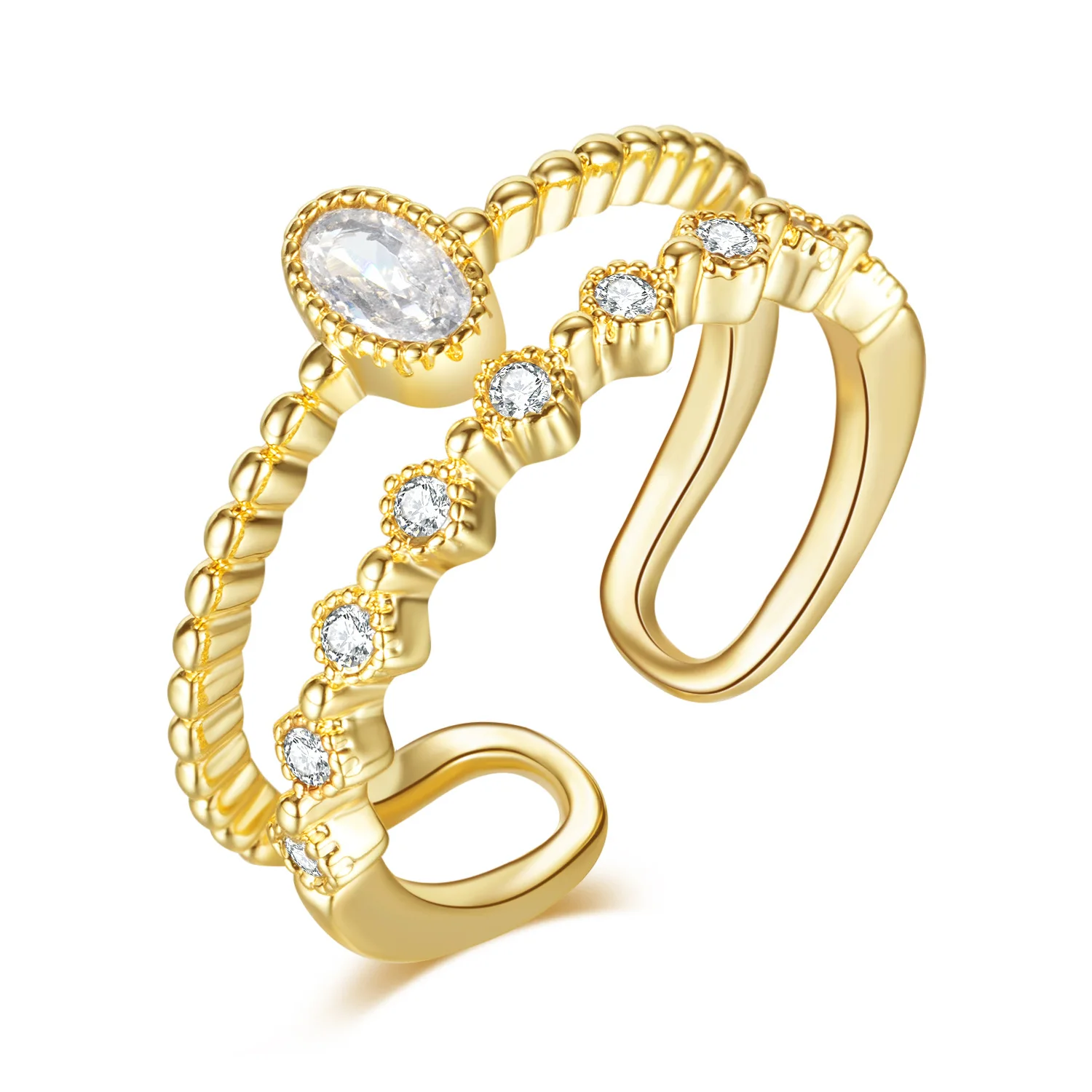 

Female Design 18K Gold Plated Zircon Finger Ring Double Layered Crystal Opening Ring For Party