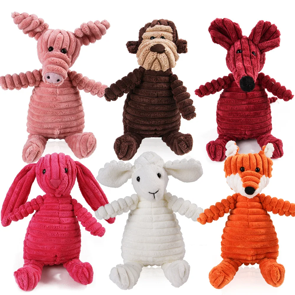 

Wholesale pet dog squeaky corduroy plush toy chews absorbent durable Pig/rabbit/sheep/fox/monkey, Picture color or customized