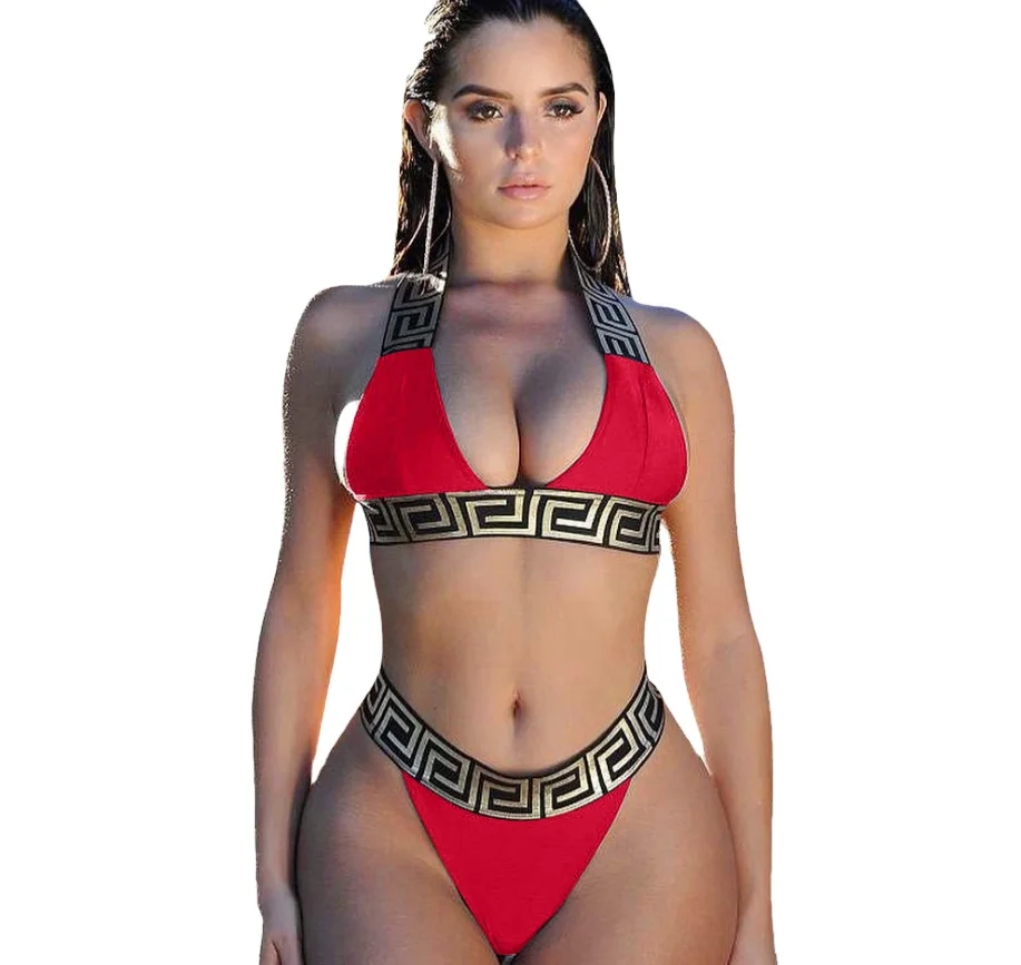 

Tops for women 2021 Fashion Bikini Shoulder Strap Sleeveless No Mesh Printed Solid 2 pieces set Beach Wear womens Swimsuit, Photo