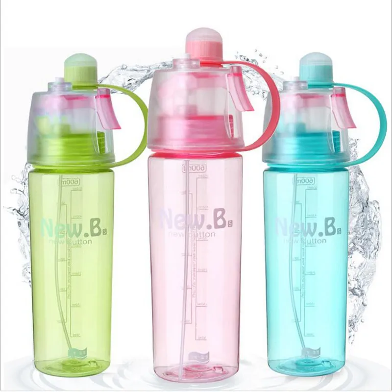 

600ml BPA free plastic mist spray water cup sports plastic water bottle with straw, Blue/pink/green