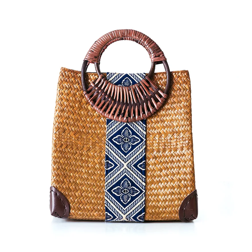 

New design factory price handmade weave Rattan Straw Basket Beach Bag Bamboo tote bag for Women, As picture shows