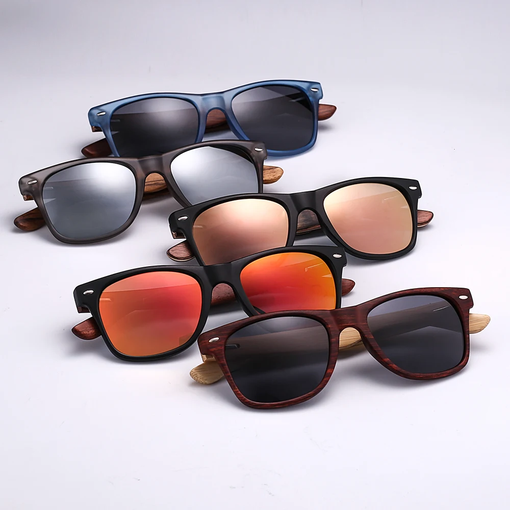 

New Arrival Stylish Brand Logo Plastic Frame Handmade Bamboo Wood Temple Sunglasses, 4 colors