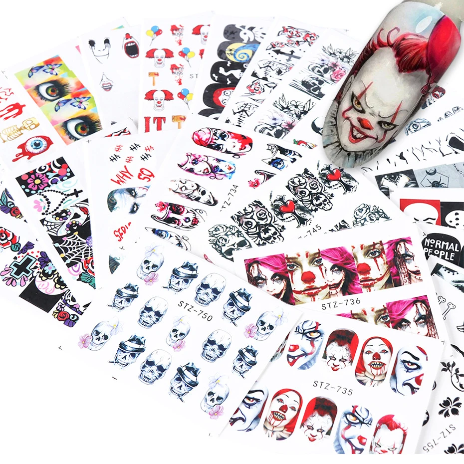 

24pcs/bag 3D Joker Clown Skull Halloween Nail Art Stickers Decals Accessories Decoration, Colorful