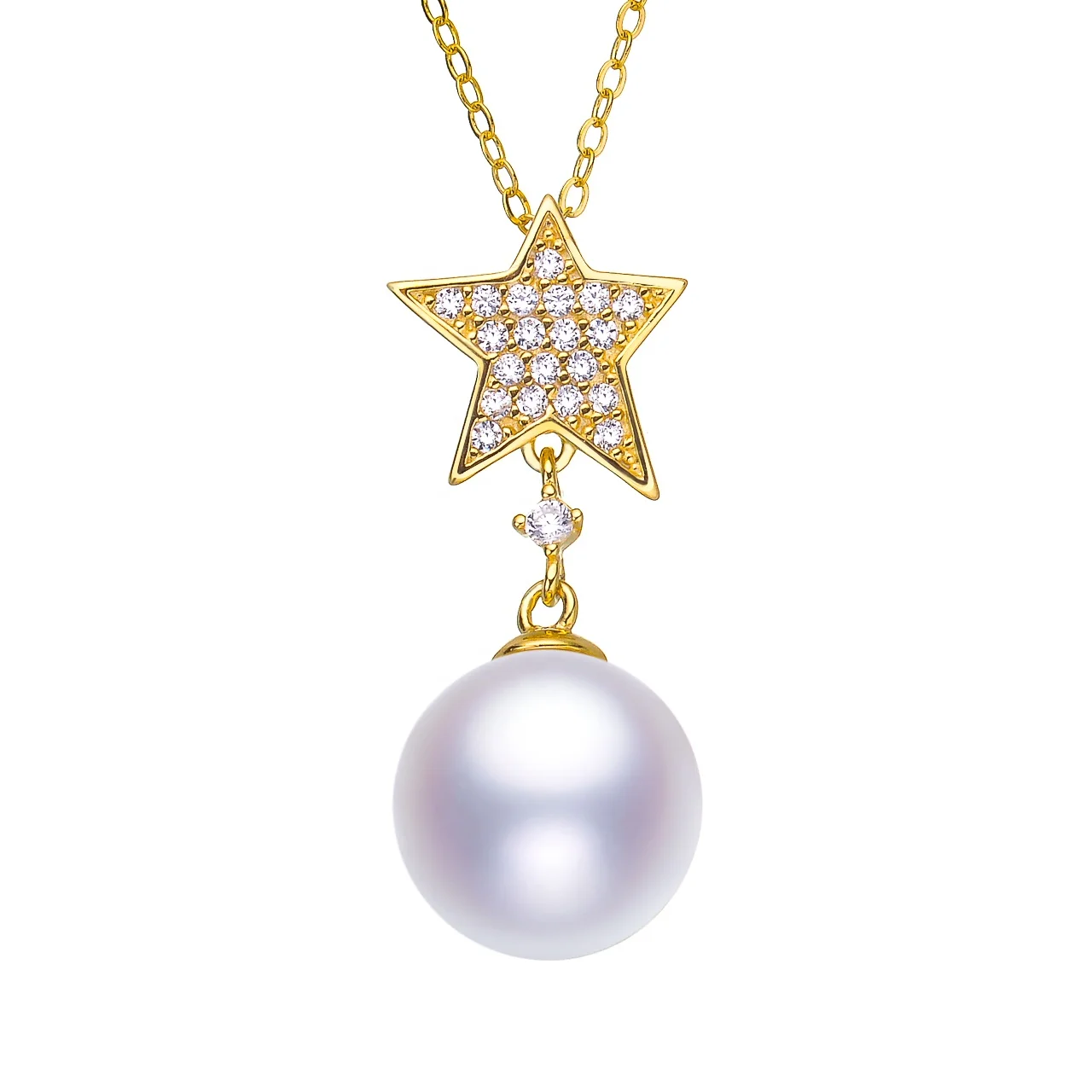 

Big White Round Pearls Refreshing Design 14K Gold Chain With Star For MOMS GIRLS Best Gift Pearl Pendant Jewelry