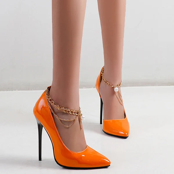 

2021 new arrival custom fashion sexy pointed toe d'orsay stilettos women shoes pumps high heels with chain, Black orange,yellow, red, white, green